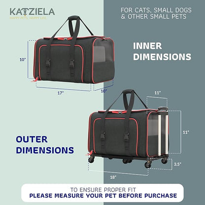 Katziela Rolling Rover Airline Compliant Expandable Premium Pet Carrier 6-Wheeled Baseboard Telescopic Handle Two-Sided Expandable Rolling Carrier Designed (Black- Red Piping)