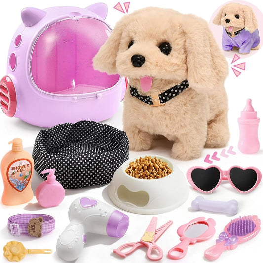 17pcs Robot Dog Toys for Girls Kids Boys 3-6, Realistic Interactive Robot Puppy Dog Plush Toys with Walk & Bark, Pretend Play Puppy Pet Care Playset, 3 4 5 6 Year Old Girl Birthday Gift Ideas