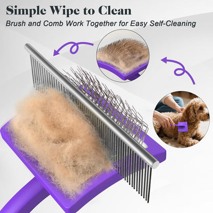 2PCS Slicker Brush for Dogs & Pet Comb,Professional Dog Grooming Brush (Goldendoodles,Poodles,Labradoodles) with Extra Long Pins to Effectively Remove Tangles, Knots and Mats (Purple Large)