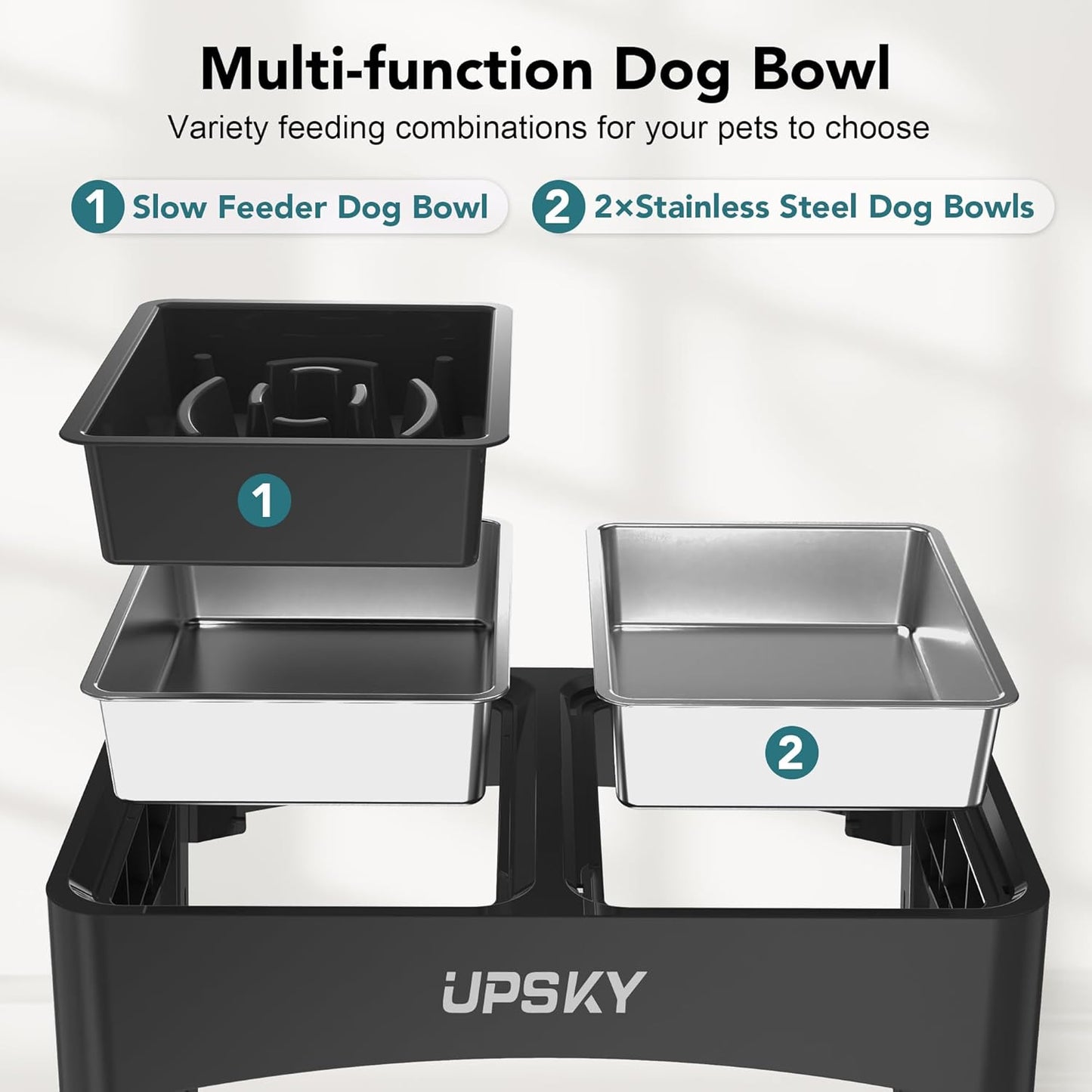 UPSKY Elevated Dog Bowls, 4 Height-Adjustable Raised Dog Bowl Stands with 2 Stainless-Steel Water Bowls, Slow Feeder, Anti-Slip for Small & Medium Dogs