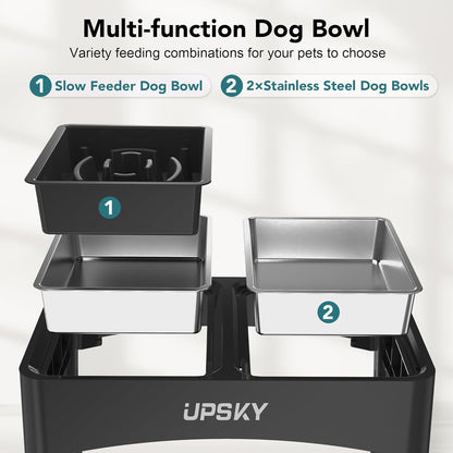UPSKY Elevated Dog Bowls, 4 Height-Adjustable Raised Dog Bowl Stands with 2 Stainless-Steel Water Bowls, Slow Feeder, Anti-Slip for Small & Medium Dogs