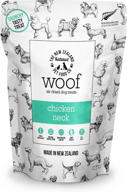 The New Zealand Natural Pet Food Co. - Air Dried WOOF Chicken Neck Treat - Mixer, or Topper - Air Dried, High Protein,Natural, Single Ingredient - 1.76oz