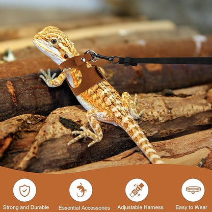5 Pack Bearded Dragon Harness and Leash Set Bearded Dragon Leash with Retractable, 3 Size Adjustable Soft Leather Harness, Toy Bell Balls for Reptiles Squirrel Lizard Chinchilla