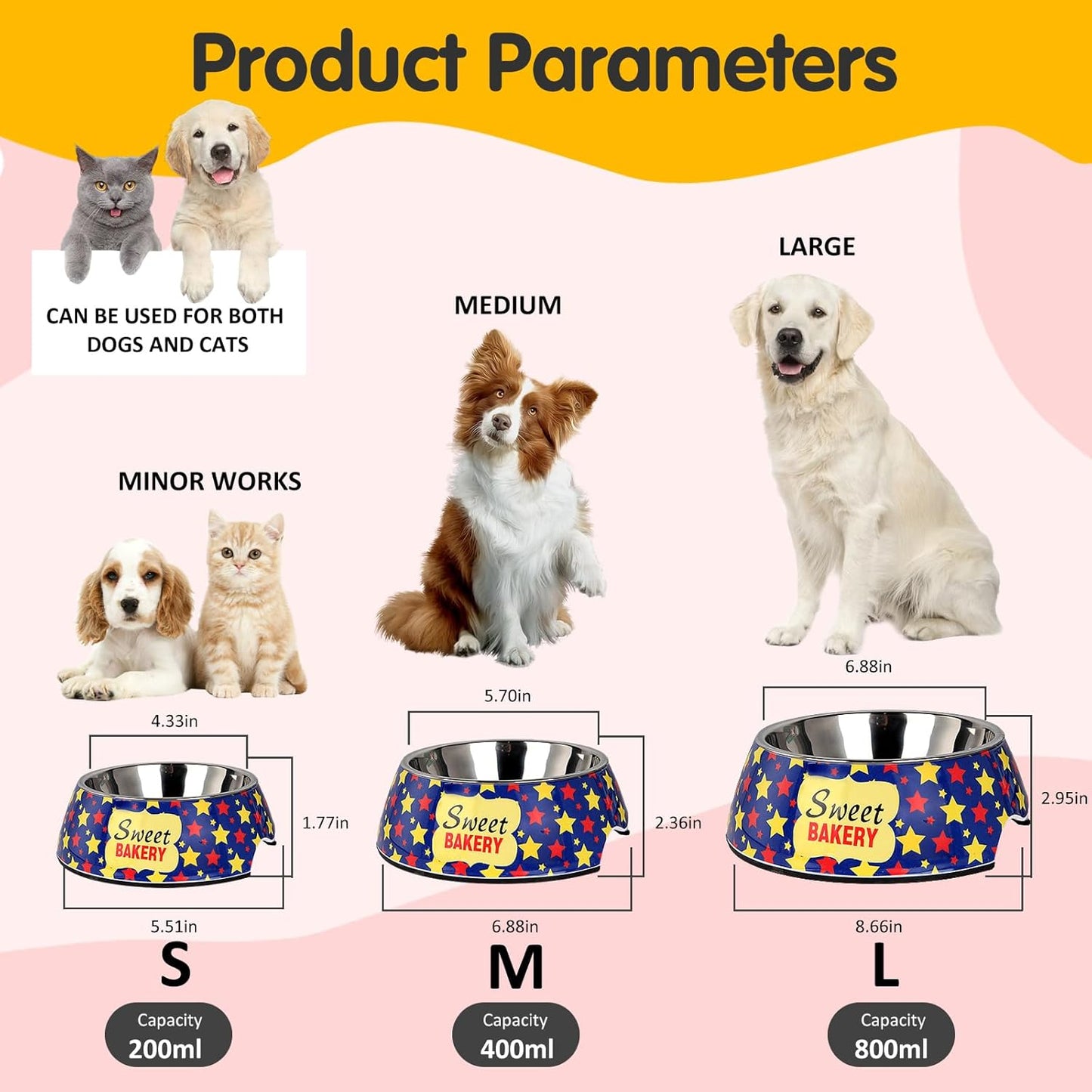 Pet 2 in 1 Food Water Bowls - Non Slip Skid Proof Heavy Duty for Dogs Cats Puppies - Cartoon Stars