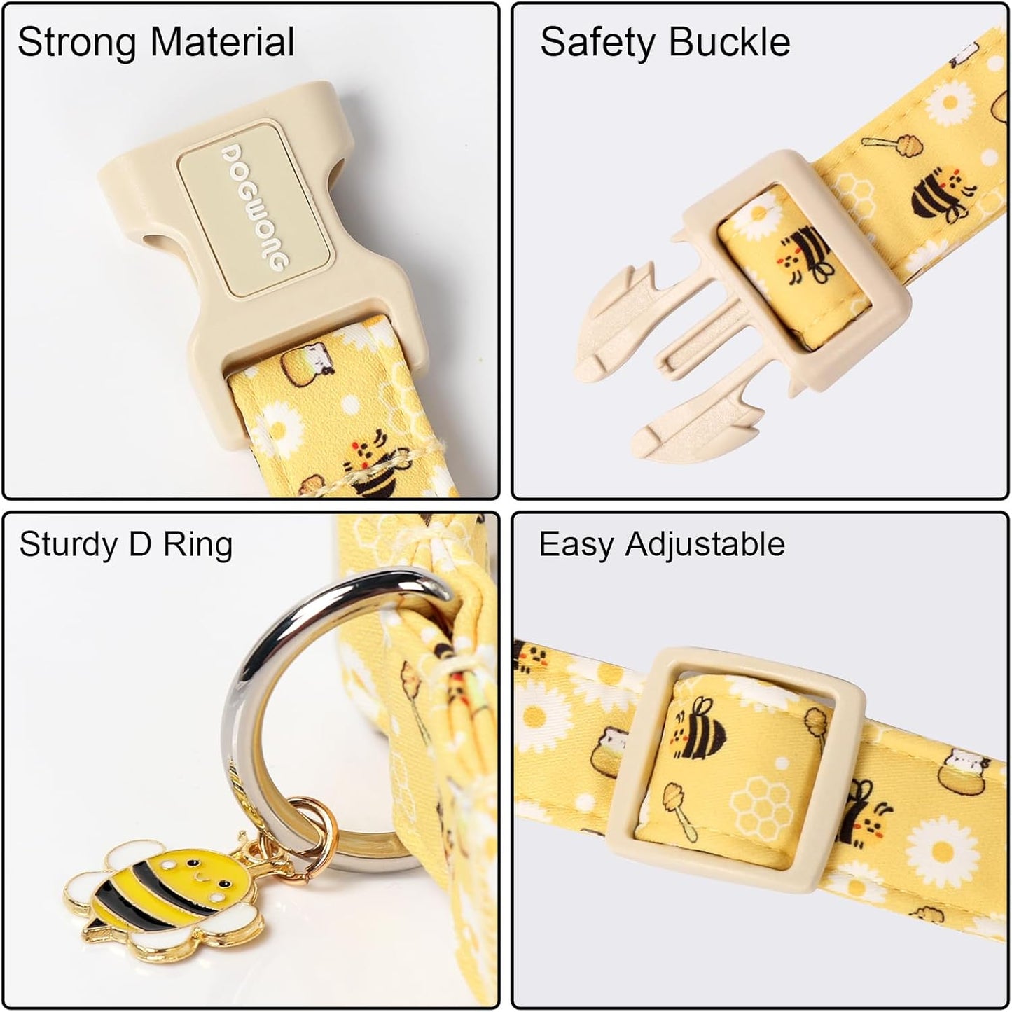 DOGWONG Yellow Bee Dog Collar- Cute Fun Dog Collars Adjustable Designer Spring Puppy Yellowe Dog Collar for Small Medium Large Dogs XL