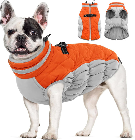 AOFITEE Dog Coat, Warm Dog Jackets for Small Dogs, Dogs Winter Coat with Harness Built in, Reflective Pet Winter Jacket, Waterproof Windproof Puppy Puffer Jacket Fleece Vest, Orange XS