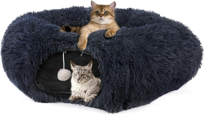 Cute Donut Cat Tunnel, Large Foldable Fluffy Tunnel with Washable Pads and Toy Balls for Indoor Cats