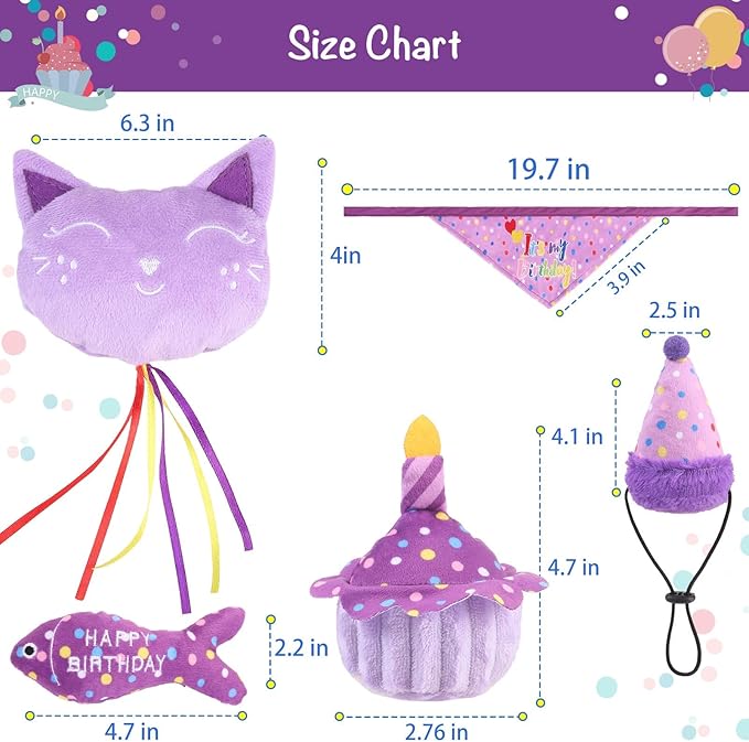 BINGPET Cat Birthday Catnip Toys for Indoor Cats,Cat Birthday Hat,Bandana and Cat Birthday Cake Interactive Plush Kitten Chew Toys,Cute Fish,Balloon Toys with Crinkle Paper and Catnip Inside(Purple)