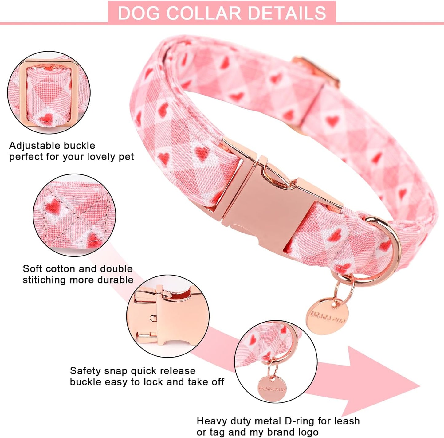 Valentine's Dog Collar,Pink Heart Dog Collar for Small Medium Large Girl Boy Dogs or Cats, Wedding Dog Collar Match Dog Leash, Pet Collar with Metal Buckle,XL