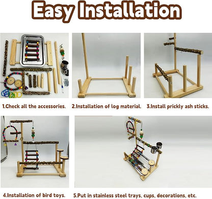 kathson Parrot Play Stand Parakeet Playground Bird Jungle Gym Wood Conure Playstand Hanging Chewing Toys with Swings and Feeder Cups Bird Cage Accessories for Cockatiel Lovebirds Budgie