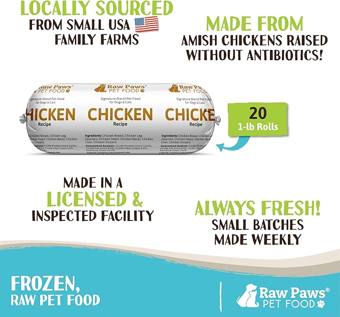 Raw Paws Signature Blend Pet Food for Dog & Cats - Chicken Recipe, 1-lb Rolls (20 Pack) - Fresh Made in USA, Natural Raw Diet Dog Food, Raw Frozen Dog & Cat Food - Meat Roll Dog Food Log