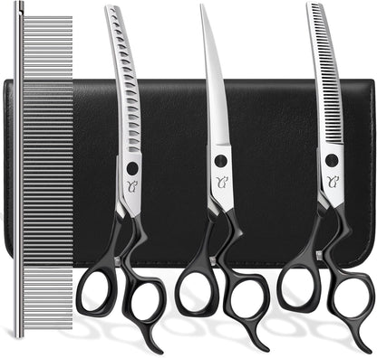 Dog Grooming Scissors,Curved Chunkers Shears Deg Grooming with Safety Round Tips, Sharp and Comfortable 4 in 1 Dog Scissers for Grooming