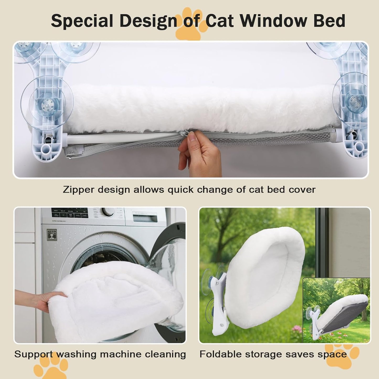 Cat Window Perch with 6 Strong Suction Cups,Includes Summer and Winter Removable Cushion - No Drill Installation,50LBS Support Foldable Cordless Cat Beds for Indoor Cats(Medium)