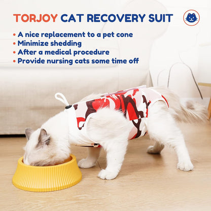 Cat Surgical Recovery Suit, Abdominal Wounds Cone E-Collar Alternative Anti-Licking Or Skin Diseases Pet Surgical Recovery Pajama Suit, Soft Fabric Onesies for Cats (S, Red)
