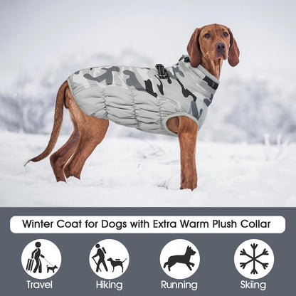 FUAMEY Dog Coat for Large Dogs,Waterproof Dog Winter Jacket with Harness Built in Puppy Cold Weather Coats Reflective Pet Vest with Zipper Warm Fleece Dogs Snowsuit Windproof Grey Camo XXXL