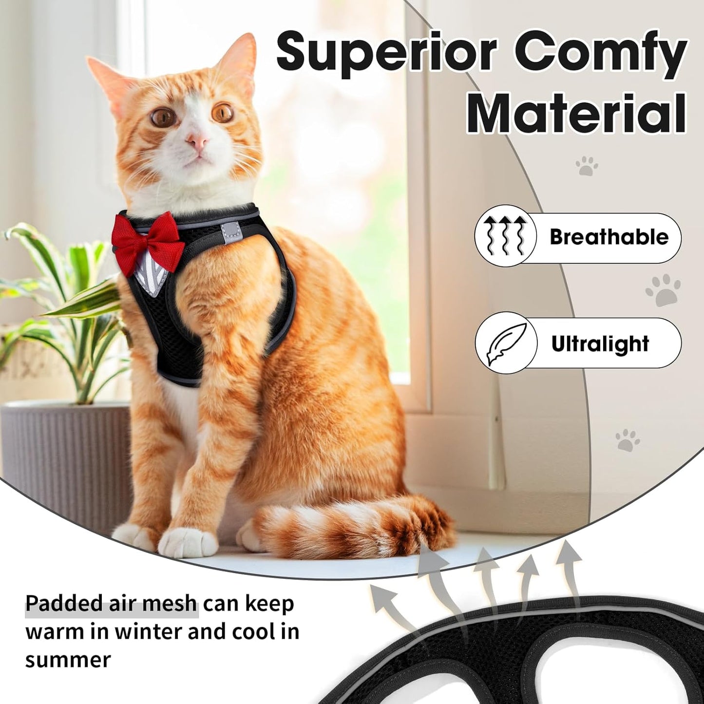 Cat Vest Harness and Leash Set for Walking Escape Proof, Adjustable Kitten Harness Breathable Mesh with Reflective Strips Harness for Kitty Puppy Bunny (Black,S)