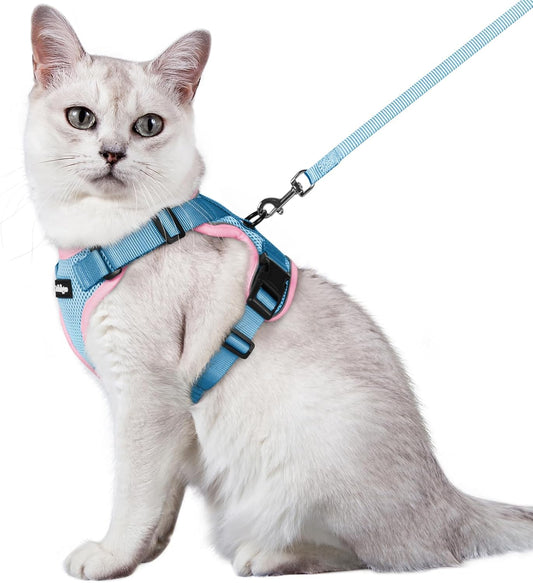 rabbitgoo Cat Harness and Leash for Walking, Escape Proof Soft Adjustable Vest Harnesses for Cats, Easy Control Breathable Reflective Strips Jacket, Light Blue&Pink, M