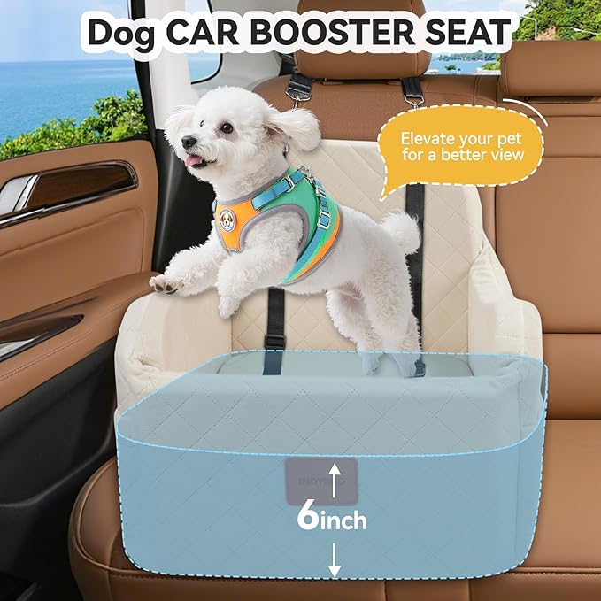 Dog Car Seat for Small Medium Dogs Up to 35lbs, Detachable Washable Soft Pet Booster Travel Bed for Front Seat with Safety Leash Belt (Beige, Medium)