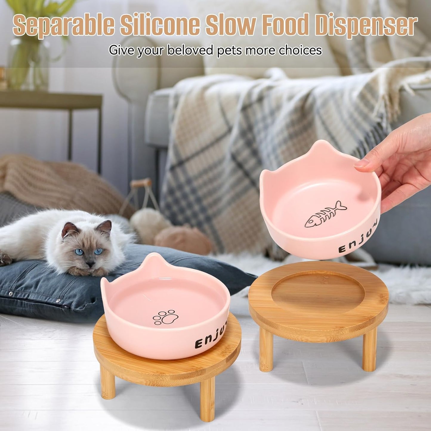 3PCS Elevated Cat Bowls,Wide Raised Ceramic Pet Dishes with Bamboo Stand, Whisker Friendly Pet Water or Food Plates Feeding Station for Indoor Small Dogs, Kitten (Pink(3PCS))
