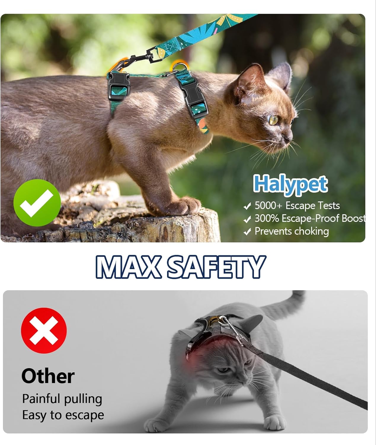 Halypet Cat Harness and Leash Set, Escape Proof [3 in 1 Adjustable & Lightweight] Cat Harness, Soft Comfortable Kitten Harness for Large Cats Safe, Easy to Wear (Hawaii Green, Medium)