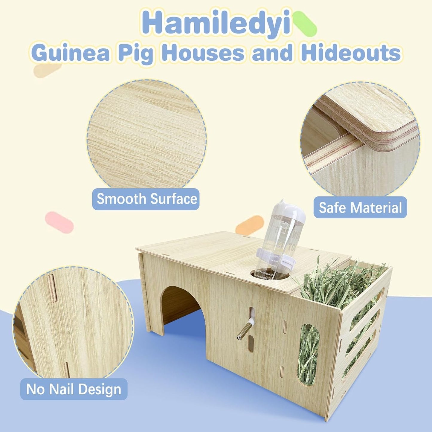 Hamiledyi Guinea Pig Hideout with Hay Feeder and Water Bottle Natural Wooden Chinchilla House Bunny Castle Small Animal Hideout for Rabbit Chinchilla Bunny and Guinea Pig