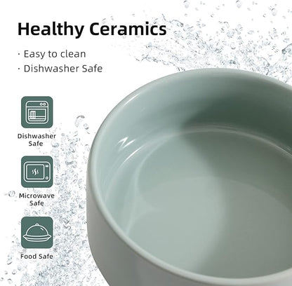 Ceramic Set of 2 Cat Bowls, Food and Water Bowls for Cats, Kitty, 2pcs Cat Dishes, Pet Feeder(5.1inch, 2 x Light Green Bowls)