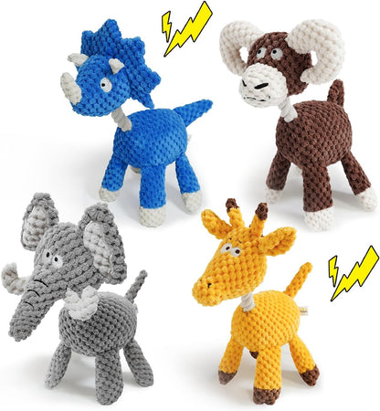 4-Pack Squeaky Dog Toys Set Plush Dog Toy with Rope for Small Medium Dogs Bundle Dog Chew Toys; Giraffe, Elephant, Cow and Dinosaur Interactive Dog Toy Stuffed Animals Toys to Keep Them Busy