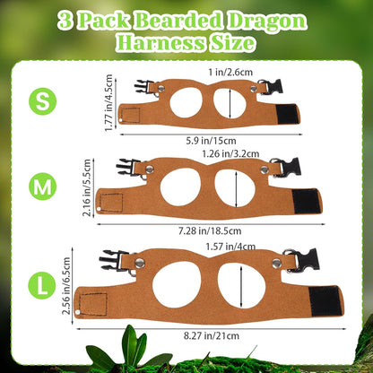 3 Pack Bearded Dragon Harness and Leash Set, Bearded Dragon Leash, Soft Leather Harness with 6.56FT/2M Retractable Leash, Small Animal Easy Walk Harness for Ferret, Rabbit, Hamster, Lizard (Brown)