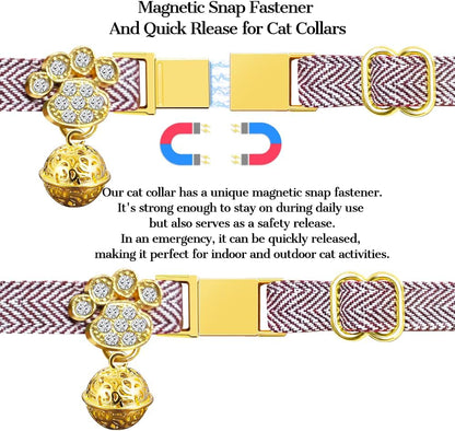 Personalized Breakaway Cat Collars - Magnetic Buckle, Bell - Safety Quick Release, Customized for Girls & Boys Cats- (Herringbone-Rose Red)