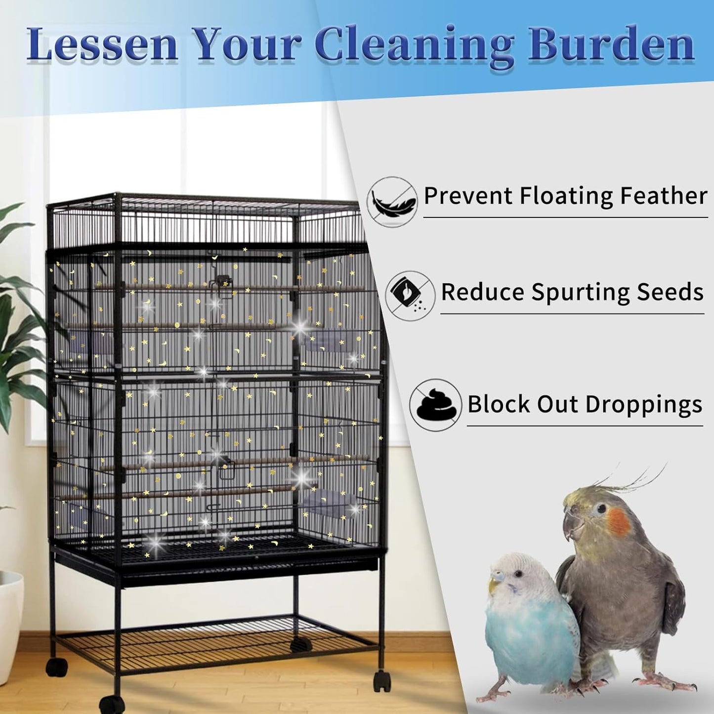 Daoeny Bird Cage Seed Catcher, Large Bird Cage Cover, Adjustable Soft Airy Nylon Mesh Net, Birdcage Cover Skirt Seed Guard for Parrot Parakeet Macaw African Round Square Cages (Black, Sequins Star)