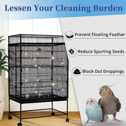 Daoeny Bird Cage Seed Catcher, Large Bird Cage Cover, Adjustable Soft Airy Nylon Mesh Net, Birdcage Cover Skirt Seed Guard for Parrot Parakeet Macaw African Round Square Cages (Black, Sequins Star)