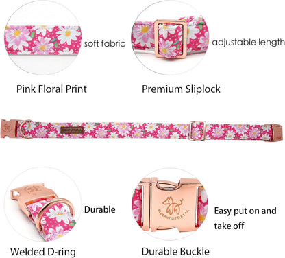 Elegant little tail Dog Collar, Pink Floral Pattern Pet Collar Durable Cute Dog Collars Summer Female Pet Gift Adjustable Dog Collar for X-Small Dogs