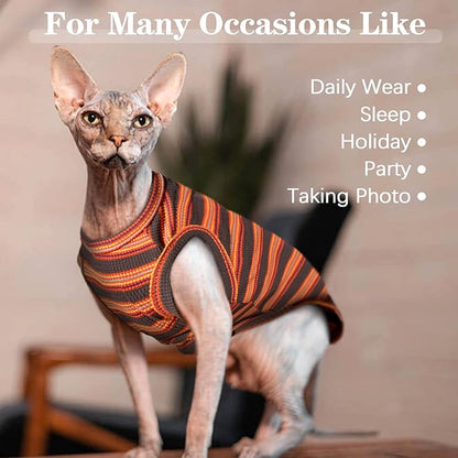 BRKURLEG Sphynx Hairless Cats Shirt Puppy Clothes Soft Cotton T-Shirts Cute Cats Pajamas Cat Stripes Vest Pet Sweater, Round Collar Vest Kitten Shirts(Red Stripes, L)