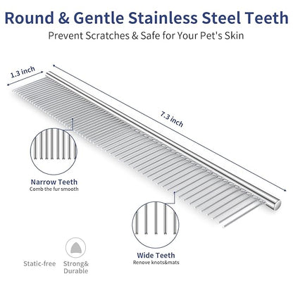 5 in 1 Dog Grooming Kit - Self-Cleaning Slicker Brush for Shedding Short Long Haired Dogs & Cats, Includes Pet Comb, Flea Comb, Bath Brush, Undercoat Rake - Complete Fur Care Set - Gray