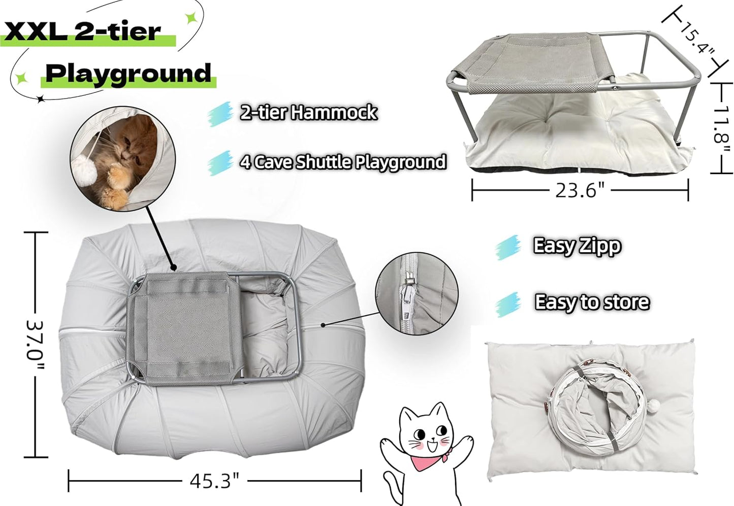 XxingSheep 2-Tier Cat Tunnel & Hammock Bed XXL, 4 Cave Shuttle with Elevated for Multiple Cats Toy Light Grey