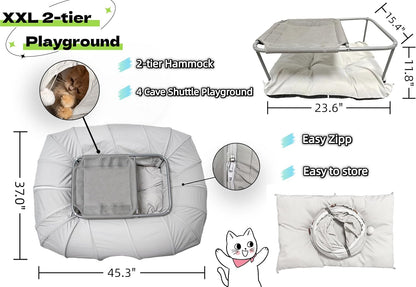 XxingSheep 2-Tier Cat Tunnel & Hammock Bed XXL, 4 Cave Shuttle with Elevated for Multiple Cats Toy Light Grey