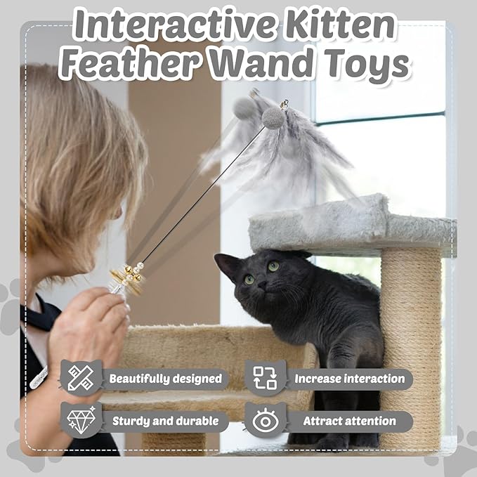 Interactive Cat Toys - 4-in-1 Cat Teaser Wand Toy and Feather Toys Refills for Indoor Cats to Chase and Exercise Design for Large and Small Cats