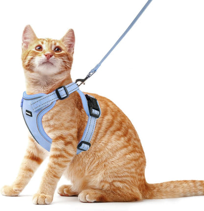 Rttochfy Cat Harness and Leash Set, Adjustable and Reflective Cat Vest, Escape Proof Kitten Harness, Easy to Put on with 3 Buckles for Cats Walking and Traveling (Blue, L)