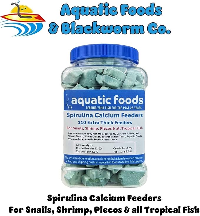 Aquatic Foods Inc. Spirulina Enriched Calcium Feeders for Shrimp, Snails, Crabs, Crayfish, Pleco, Catfish, All Tropical Fish…110 Count Med Jar