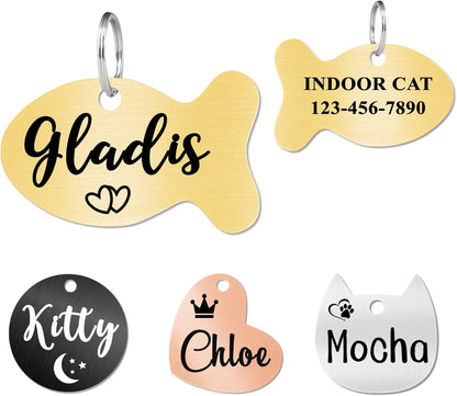 Ultra Joys Cat ID Tag Personalized Pet Tags, Durable Stainless Steel Small Pet Mini Dog Cat Tag Lightweight -Fish Tag in Gold