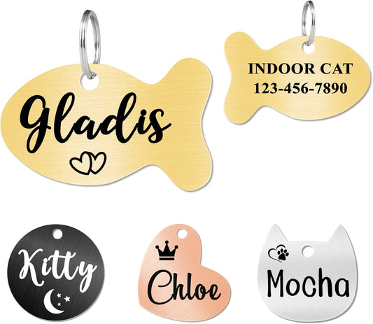 Ultra Joys Cat ID Tag Personalized Pet Tags, Durable Stainless Steel Small Pet Mini Dog Cat Tag Lightweight -Fish Tag in Gold