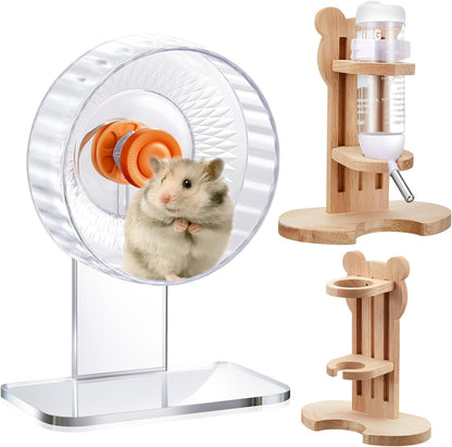 2 Pcs 7 Inch Transparent Adjustable Silent Hamster Exercise Wheels and Hamster Water Bottle Set Guinea Pig Running Wheels with Stand Water Dispenser Stand Holder for Guinea Small Animal