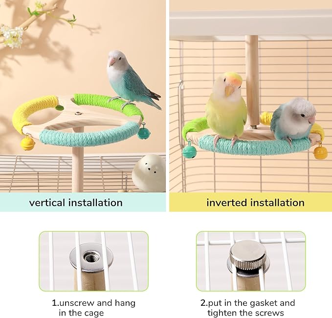 360° Interactive Rotating Bird Perch Toy with Bell - Natural Wood Spinning Cage Accessory for Parakeets, Budgies, Lovebirds, Cockatiels, Conures, Finches and Small/Medium Birds