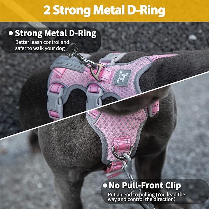 Huntboo No Escape Dog Harness, Escape Proof Harness, Fully Reflective Harness with Padded Handle, Breathable,Durable, Adjustable Vest for Small Dogs Walking, Training, and Running Gear（Pink,S