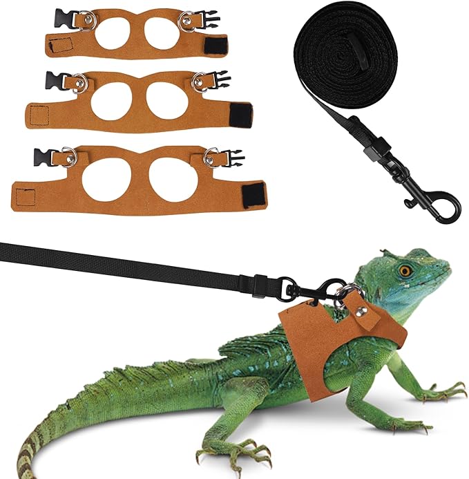 Bearded Dragon Harness Leash Set 3 Size Adjustable Lizards Training Walking Leather Vest Escape-Proof Traction Rope for Outdoor Small Reptiles Animal Squirrels (Brown)