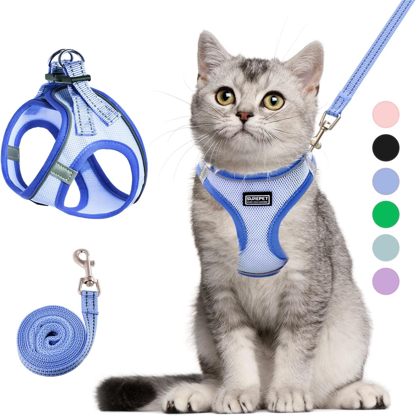 Cat Harness and Leash Set, Soft and Breathable Vest with Reflective Strip, Escape Proof Kitten Harness, Easy to Wear for Cats Walking and Traveling (Blue, XS)