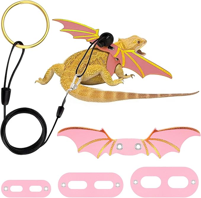 Bearded Dragon Leash and Harness Set, Adjustable Leather Reptile Lizard Leashes 3 Size Dinosaur Wing Lizards Harness Leash for Bearded Dragon Lizard Reptiles
