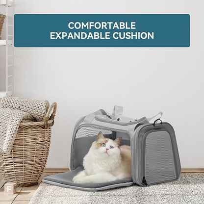 PETSFIT Cat Carrier Airline Approved, Soft Carrier for Small and Medium Cats Under 12 Lbs, Soft Cat Travel Bag, Kitten Carrier with Extendable Mat, Grey