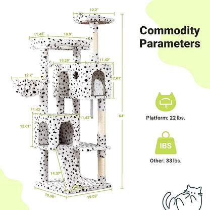 Allewie 64 Inches Cat Tree Tower/Multi-Level Activity Center for Indoor Big Felines/2 Plush Condos/2 Perchs/Basket/House/Sisal Scratching Posts/Hanging Cat Toys/White & Black Spot