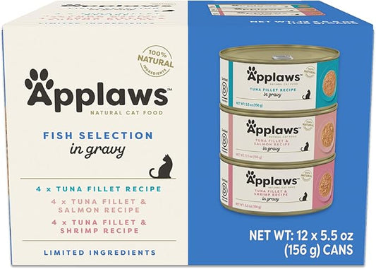 Applaws Natural Wet Cat Food in Gravy, Limited and Natural Ingredients, High Protein with No Artificial Additives, Fish Selection in Gravy (12 x 5.5oz Cans)